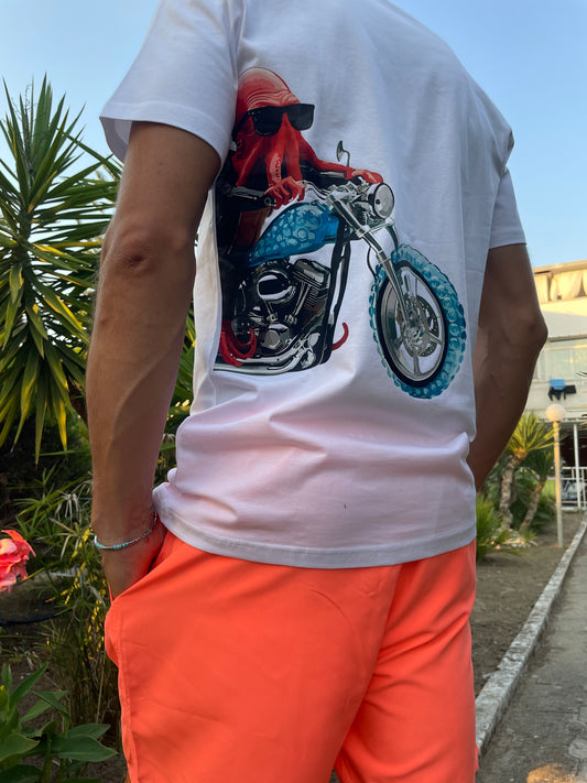 Polpo Biker T-Shirt in cotone biologico | Collezione Animal With Glasses
